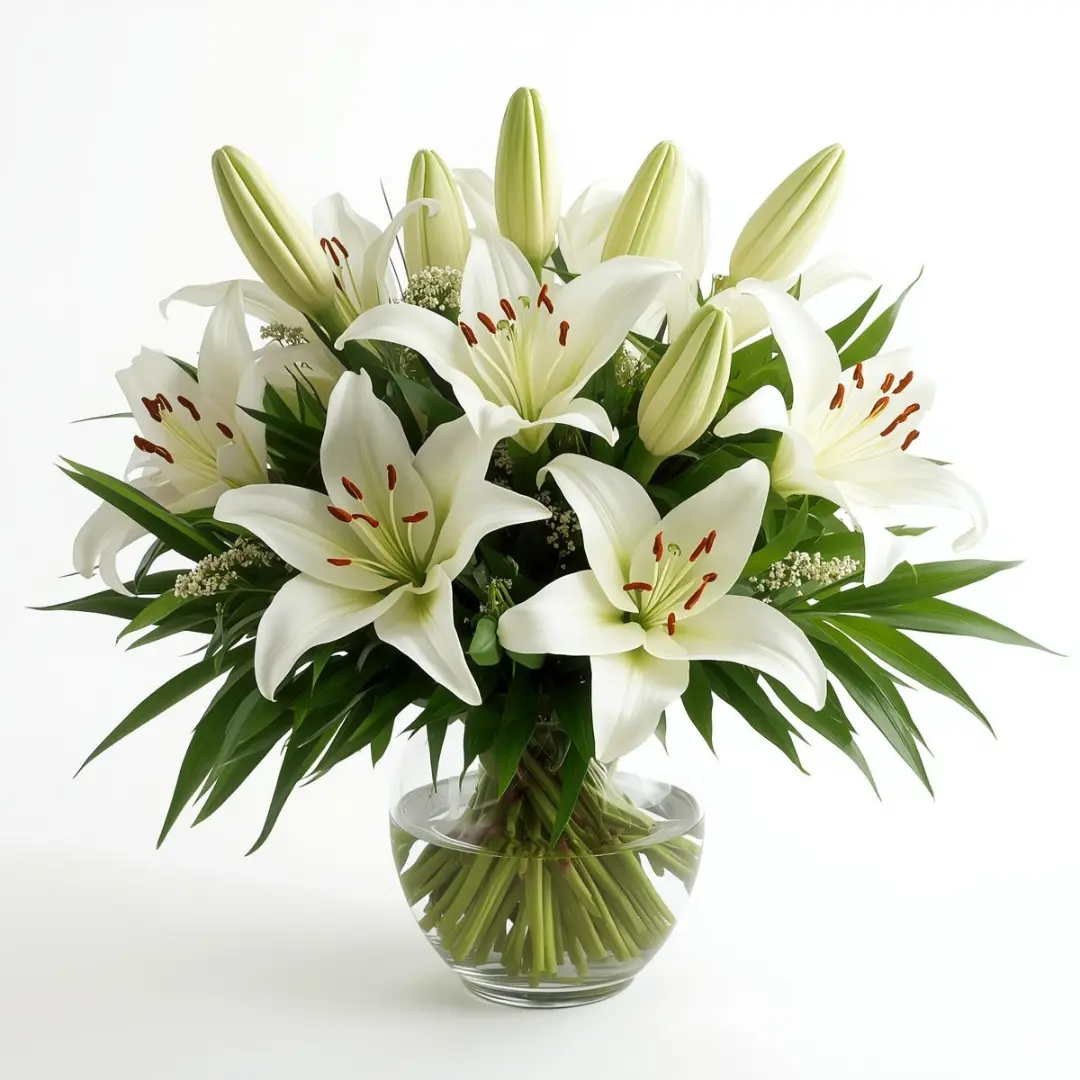 Elegant white lilies with greenery in a glass vase